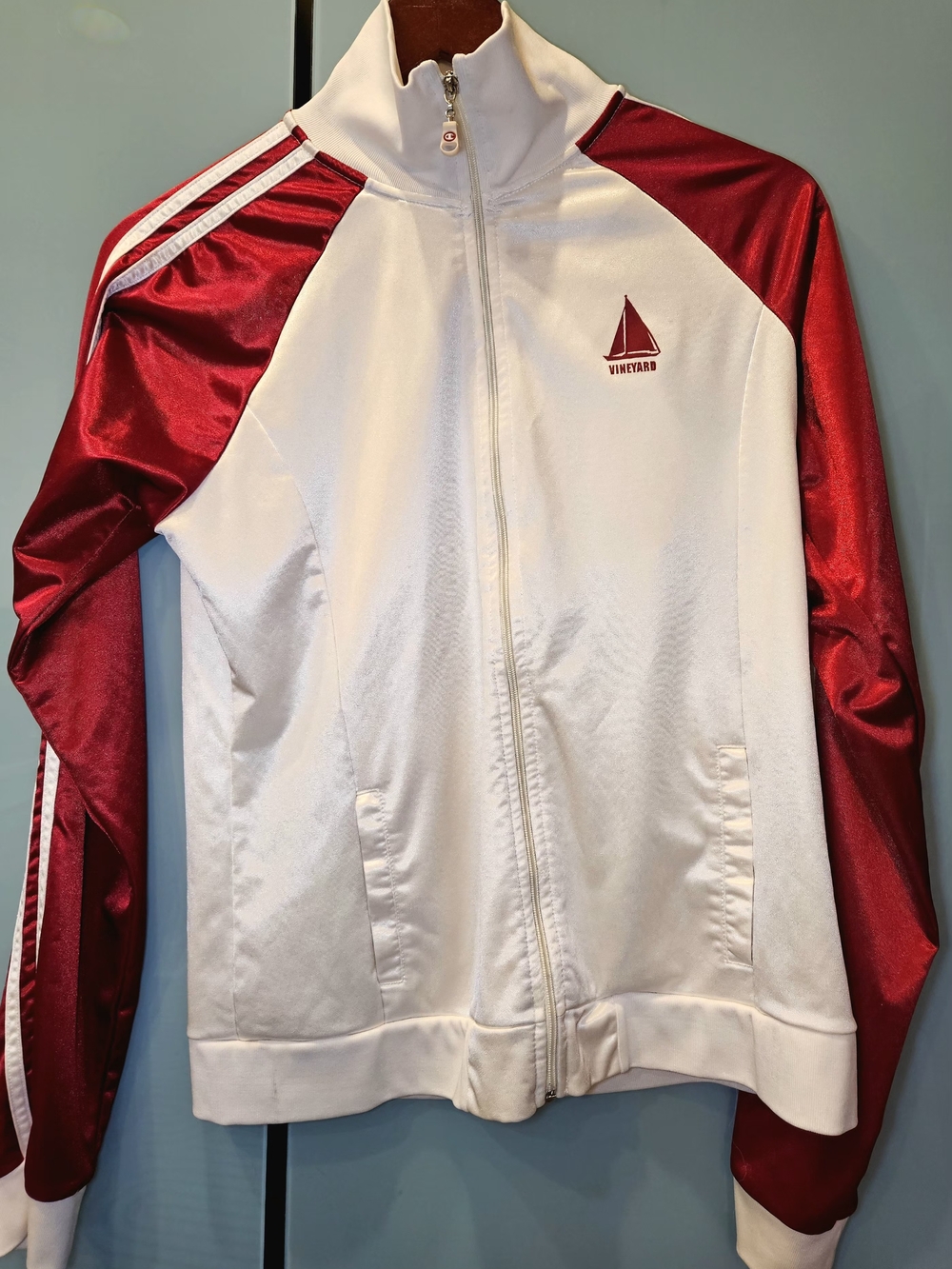 Champion White and Red Satin-Trim Zip Jacket